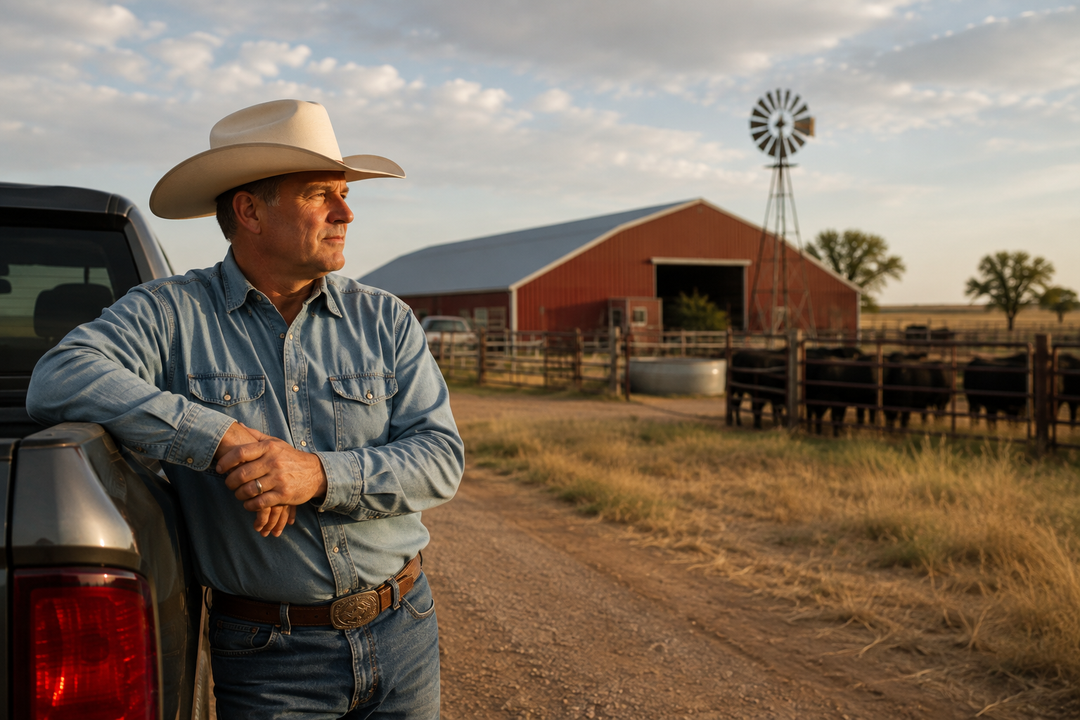 Texas rancher beside his truck with cattle and barn in the background — farm and ranch insurance in Bowie, TX