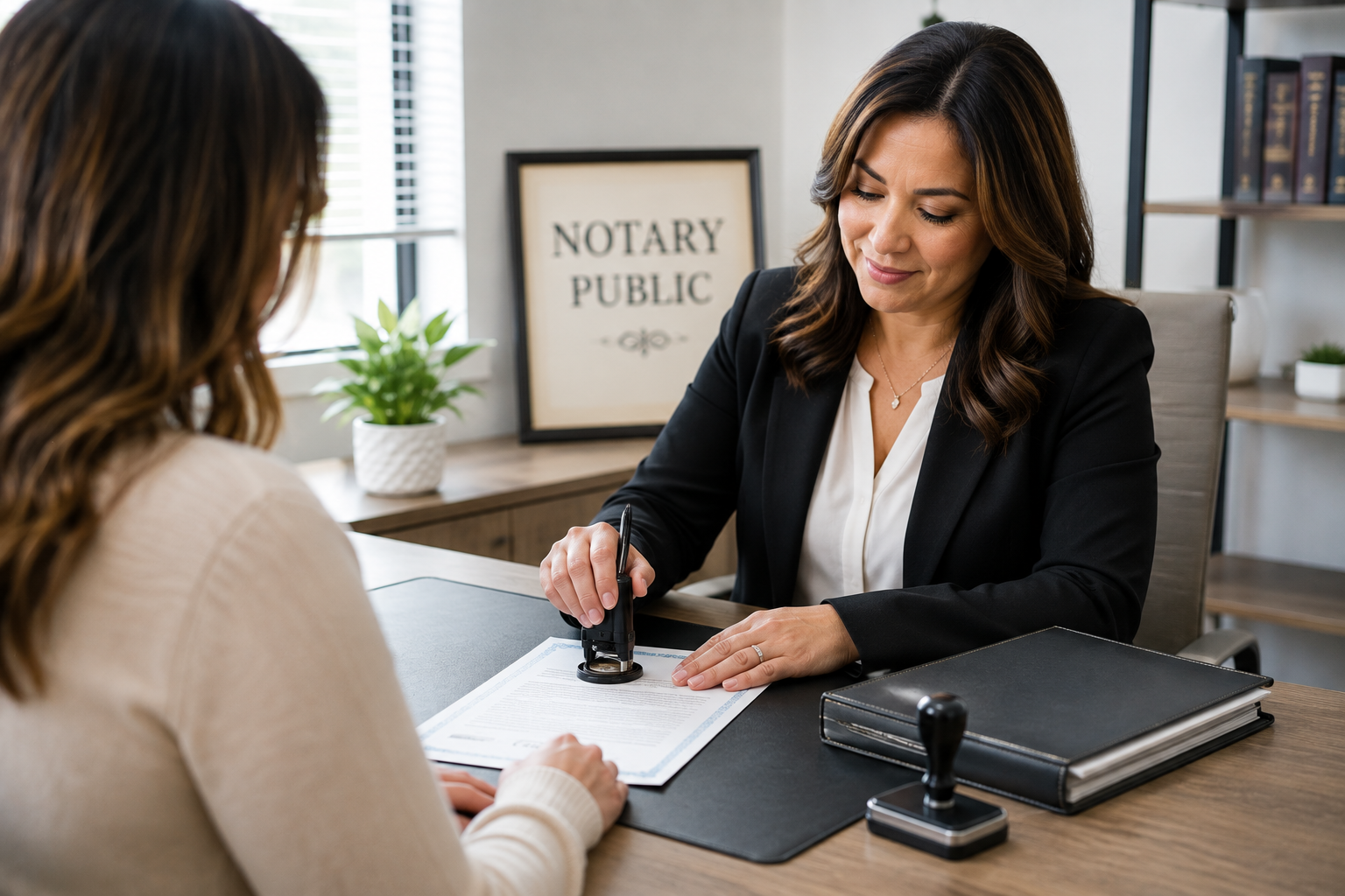Notary public stamping a document for a client at Bowie Insurance Agency in Bowie, TX