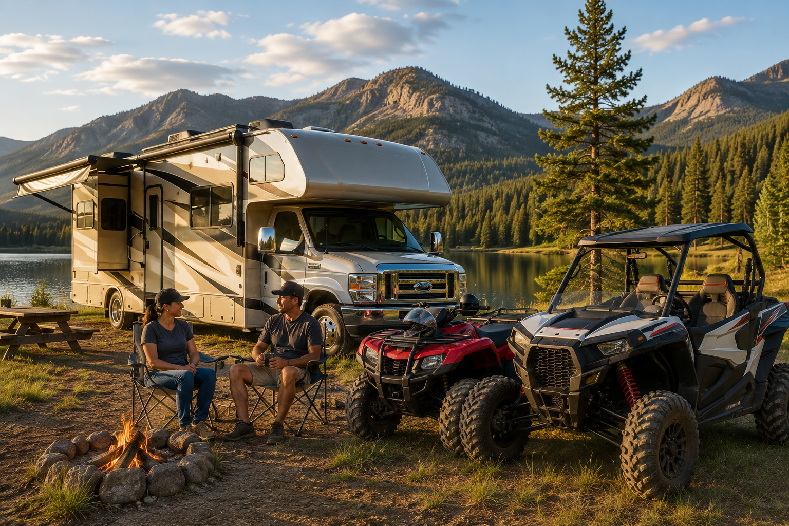 Couple camping beside their RV with ATVs and UTVs parked nearby — recreational vehicle insurance in Bowie, TX